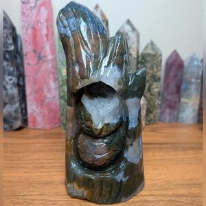 Moss Agate Owl In A Tree Crystal Carving
